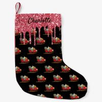 Christmas black red sleigh Santa glitter monogram Small Christmas Stocking