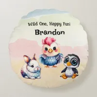 Wild One Happy Fun Woodland Animals Watercolor Round Pillow