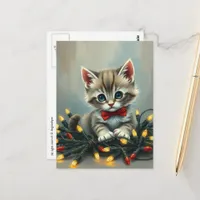 Adorable and Cute Christmas Kitten With Lights Postcard