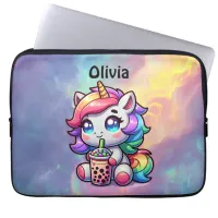 Cute Kawaii Unicorn with Bubble Tea Personalized Laptop Sleeve