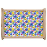 Vivid Blue Yellow Red Purple Flowers Pattern Serving Tray