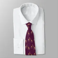 Giraffes Wildlife Pattern Burgundy Neck Tie