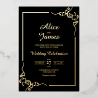 Heart Swirl Frame Elegant Black Gold Foil Wedding Invitation