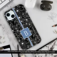 Dark Floral Pattern Black Blue Sketch Monogram iPhone 15 Plus Case