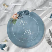 Roses Blue/Peach Wedding Mr and Mrs ID584 Paper Plates