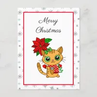 Merry Christmas | Orange Cat with Poinsettia   Postcard