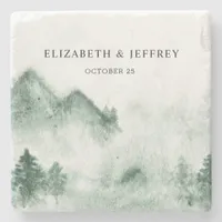 Rustic Watercolor Mountains Pine Winter Wedding  Stone Coaster