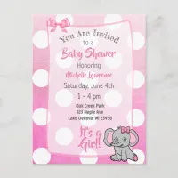 Pink Elephant Girl's Baby Shower Invite