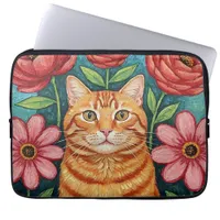 Orange Cat Folk Art Flowers Laptop Sleeve