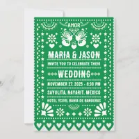 Mexican Green Papel Picado Fiesta Folk Art Wedding Invitation
