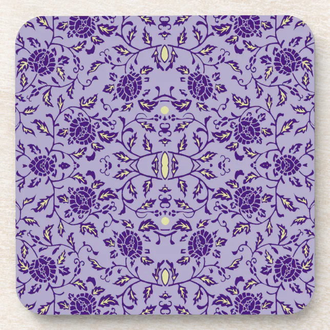 Elegant Flowery Purple Damask Drink Coaster