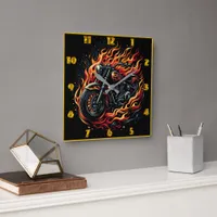 Fiery motorcycle with flames in vibrant colors square wall clock