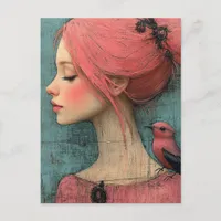 Lady with pink hair and a bird on her shoulder postcard