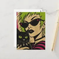A woman with lime hair and her black cat woodblock postcard
