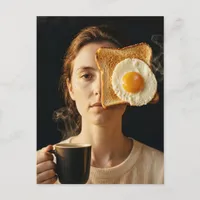 Surreal Breakfast Toast and Coffee Woman With Egg Postcard