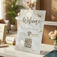 Elegant Welcome Script WIFI QR Code Agate Marble Pedestal Sign