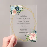  Rustic Navy Blush Gold Floral Geometric Wedding Acrylic Invitations