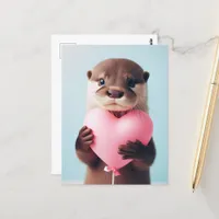 A cute Valentine Otter Pink Heart Balloon Postcard