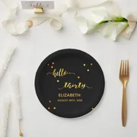 30th birthday black gold hello 30 script name paper plates