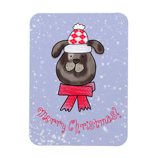 Little Christmas dog wearing knitted cap and scarf Magnet