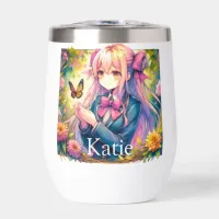 Anime Girl and Butterfly Watercolor Personalized Thermal Wine Tumbler