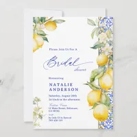 Floral Lemon Mediterranean Blue Tile Bridal Shower Invitation