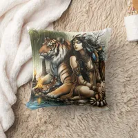 Native Woman With Tiger by Water Throw Pillow