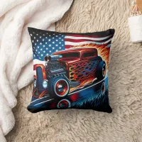 Vintage hot rod racing down a patriotic highway throw pillow