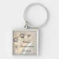 White Pearl and Diamond Buttons Quinceañera Keychain