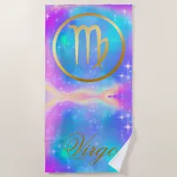 Zodiac Sign Virgo Gold on Colorful Background | Beach Towel