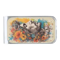 Hippie Flower Power Male Portrait Silver Finish Money Clip