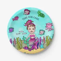 Pesonalized Hand darwn Brunette Mermaid Birthday Paper Plates