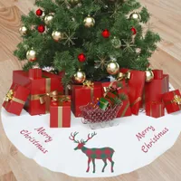 Christmas red green white reindeer buffalo plaid brushed polyester tree skirt