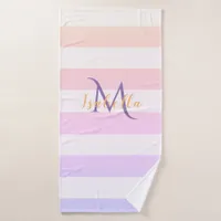 Pink violet stripes monogram name bath towel set