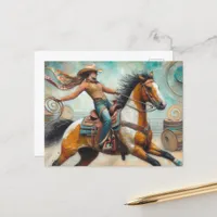 Cowgirl on a Pinto Horse Postcard