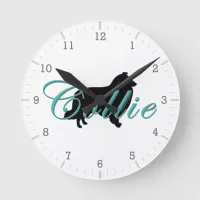 Rough Collie Silhouette Teal Script Text Round Clock