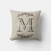 Rustic Elegant Monogram Floral Burlap Throw Pillow