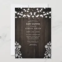 Lace And Wood String Lights Rustic Baby Shower Invitation