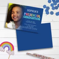 Colorful Text Photo Preschool Graduation Blue Invitation