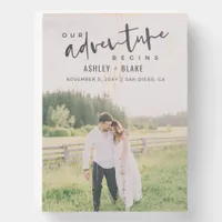 Our Adventure Begins Script Photo Save the Date Wooden Box Sign