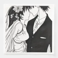 Black and White Anime Bride and Groom Wedding Paper Dinner Napkins