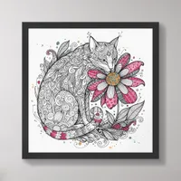 Cat Smelling Flower Doodle Pen Ink Style AI Framed Art