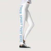 White Custom School Spirit Sky Blue Text Leggings