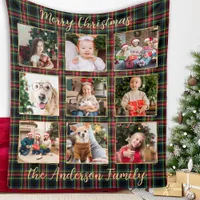 Christmas Plaid Custom Gold Photo Collage Family Fleece Blanket