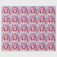 Pretty Pink Anime Girl's Birthday Party Wrapping Paper