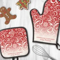 Snowflake Swirls On Red Cute Custom Christmas Oven Mitt & Pot Holder Set