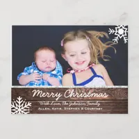 Merry Christmas Rustic Wood and Snowflakes Custom Postcard