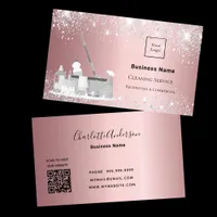 Cleaning service blush silver glitter dust logo QR Business Card