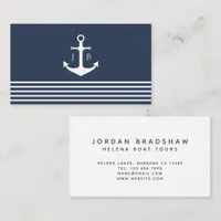 Nautical Anchor Monogram | Blue White Stripe Business Card