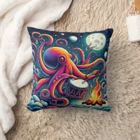 Colorful Octopus Drumming By The Moonlit Shore Throw Pillow